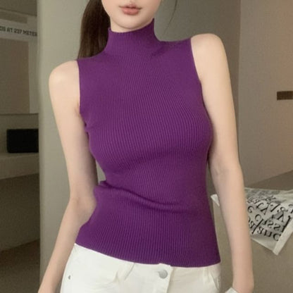 Sleeveless Mock Neck Plain Ribbed Knit Crop Top