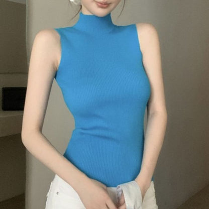 Sleeveless Mock Neck Plain Ribbed Knit Crop Top