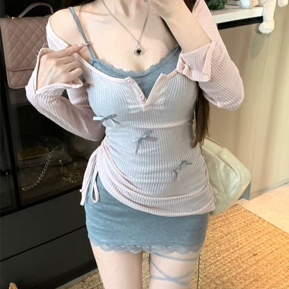 Spaghetti Strap Scoop Neck Plain Lace Trim Mini Bodycon Dress / Long-Sleeve Scoop Neck Bow Knit Top