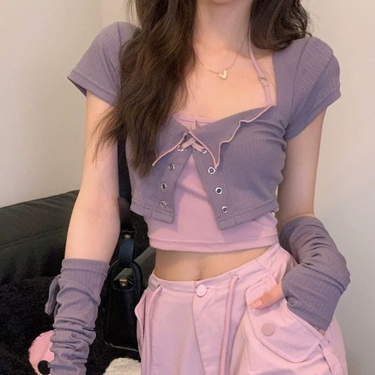 Lace-Up Crop Top & Cami & Arm Sleeves Set