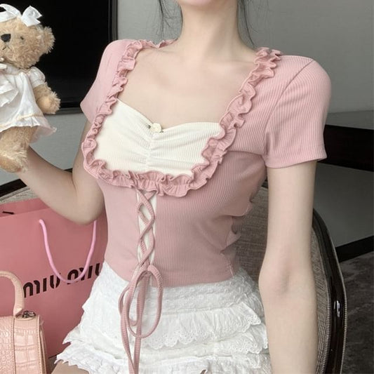 Frill Trim Square Neck Lace-Up Top