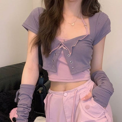 Lace-Up Crop Top & Cami & Arm Sleeves Set