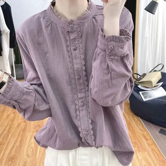 Band Collar Lace Blouse - Long Sleeve Button Front