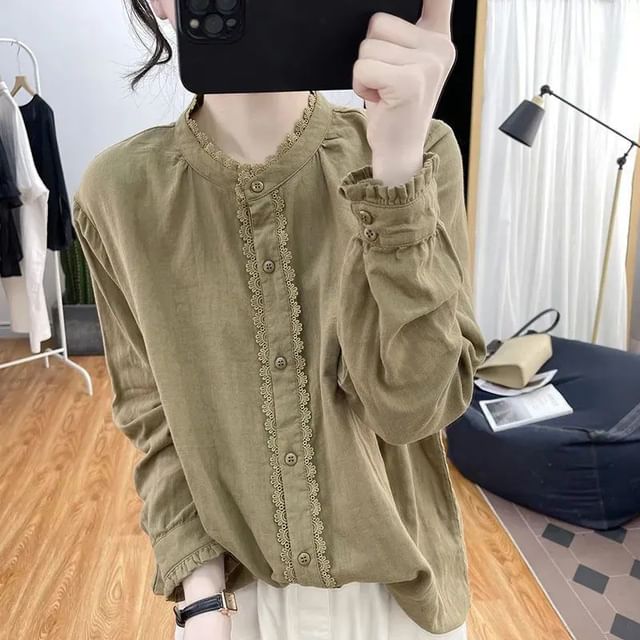 Band Collar Lace Blouse - Long Sleeve Button Front