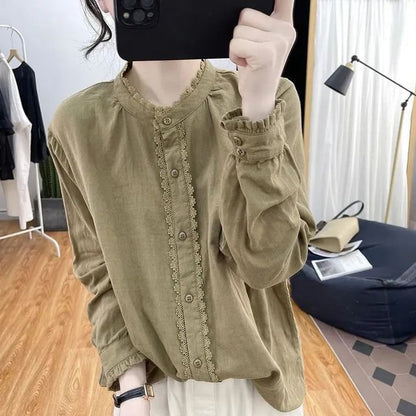 Band Collar Lace Blouse - Long Sleeve Button Front