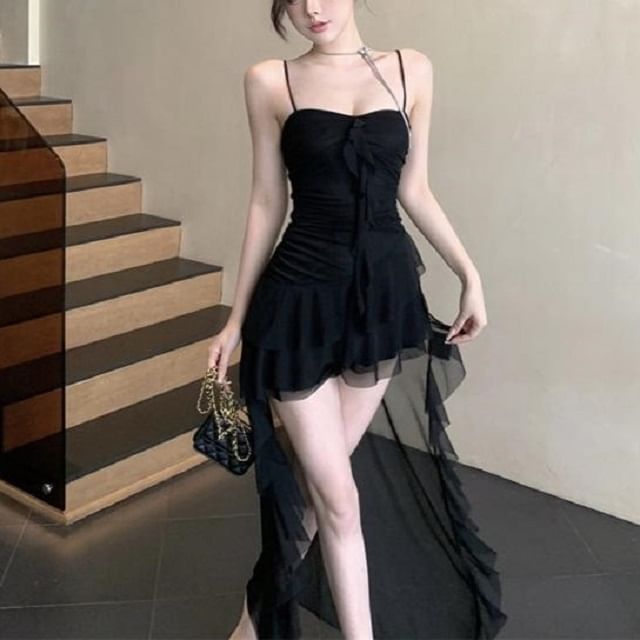 Mesh High Low A-Line Dress with Spaghetti Straps
