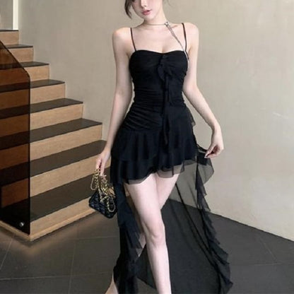 Mesh High Low A-Line Dress with Spaghetti Straps