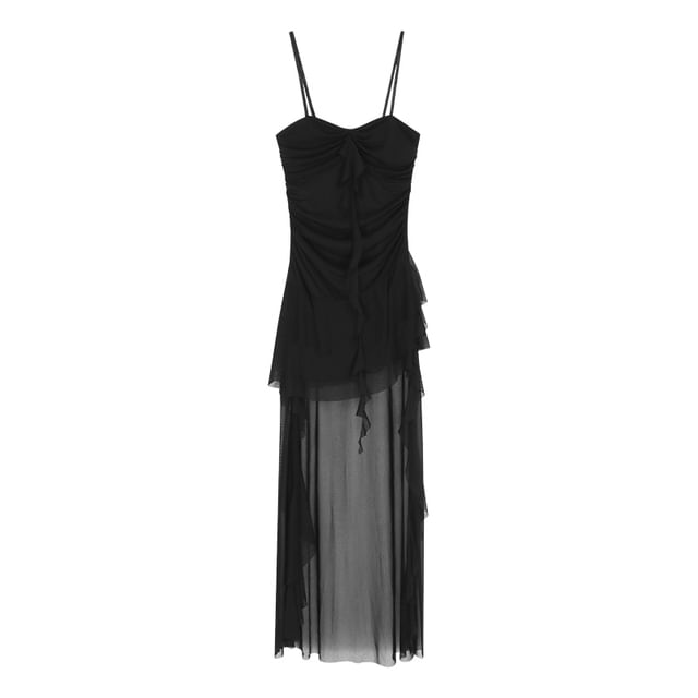 Mesh High Low A-Line Dress with Spaghetti Straps