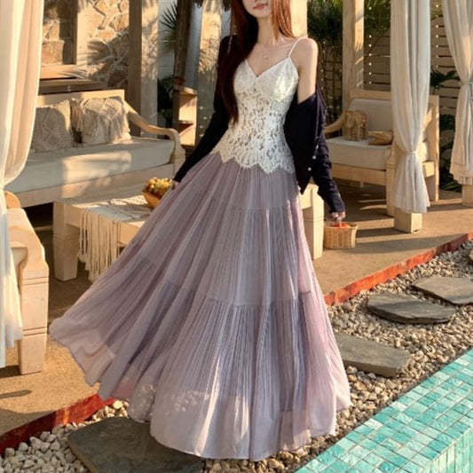 Lace Cami & Crinkle Maxi Skirt & Cardigan Set