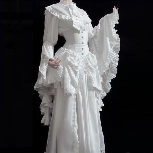 Frill Trim Blouse Set - Midi Skirt with Lace