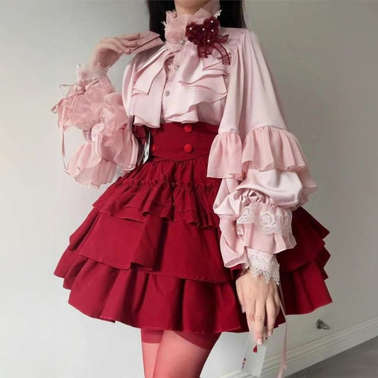 Tiered Lace Blouse - Long Sleeve Ruffle Trim