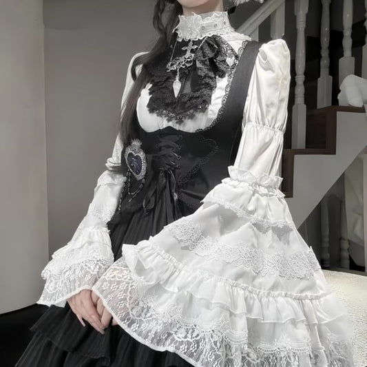 Ruffle Trim Bell Sleeve Blouse - Lace Panel