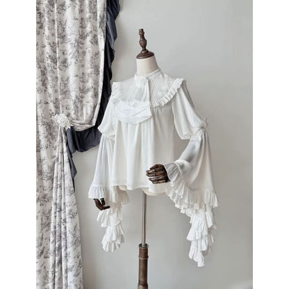 Frill Trim Blouse Set - Midi Skirt with Lace