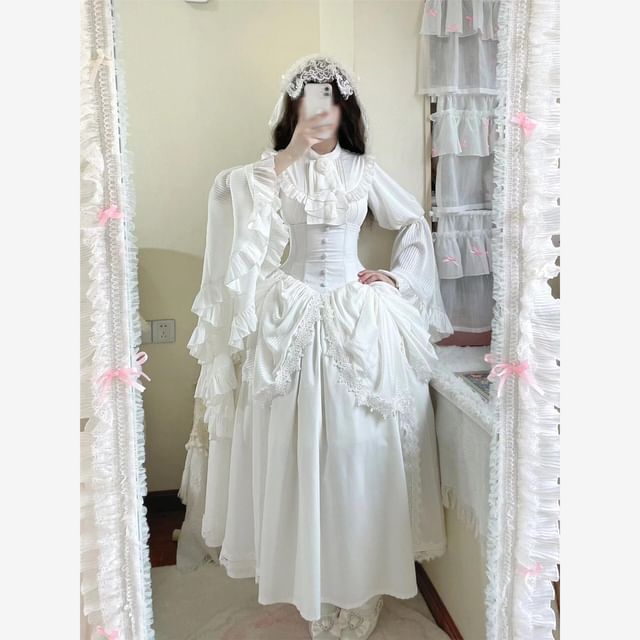 Frill Trim Blouse Set - Midi Skirt with Lace