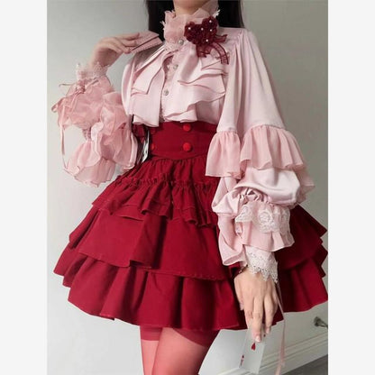 Tiered Lace Blouse - Long Sleeve Ruffle Trim