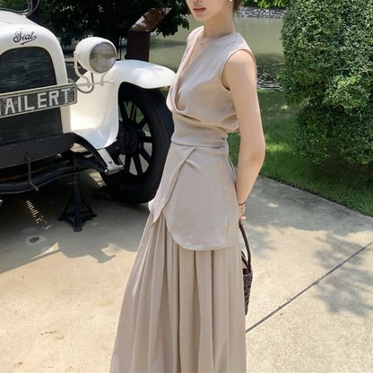Set: V-Neck Plain Asymmetrical Tank Top + Elastic Waist Maxi A-Line Skirt
