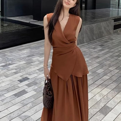 Set: V-Neck Plain Asymmetrical Tank Top + Elastic Waist Maxi A-Line Skirt