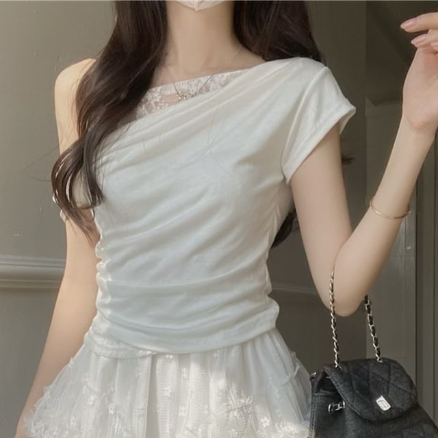 Slim Tee and Lace Skirt Set - Off Shoulder Cap Sleeve