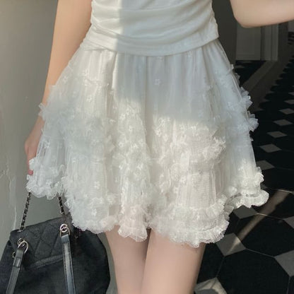 Slim Tee and Lace Skirt Set - Off Shoulder Cap Sleeve