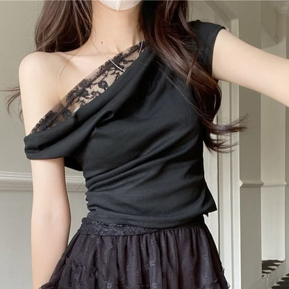 Slim Tee and Lace Skirt Set - Off Shoulder Cap Sleeve
