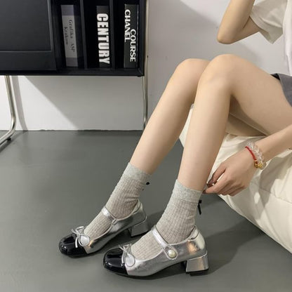 Block Heel Two Tone Ribbon Mary Jane Pumps