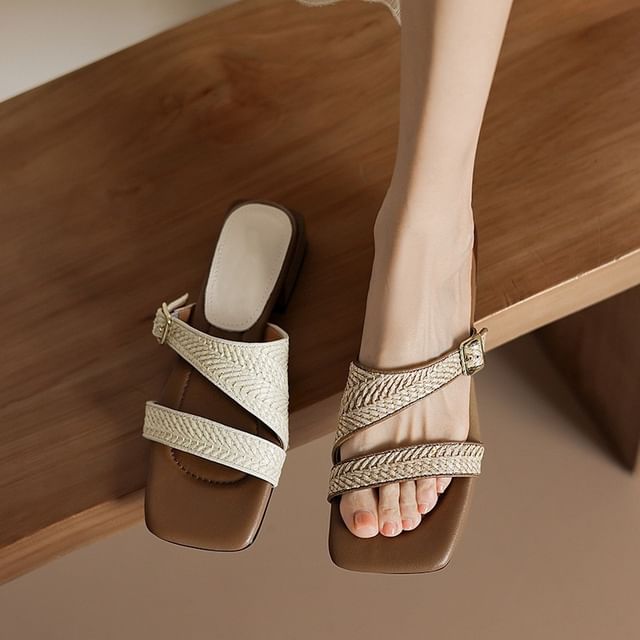 Low Strap Sandals Heel Woven Square Toe