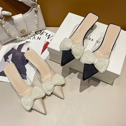Spool Heel Beaded Bow Transparent Strap Mules