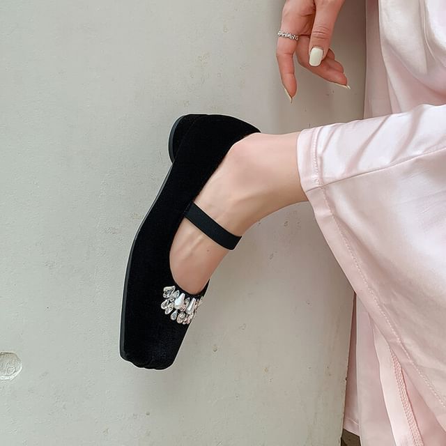 Low Heel Square Toe Rhinestone Velvet Pumps