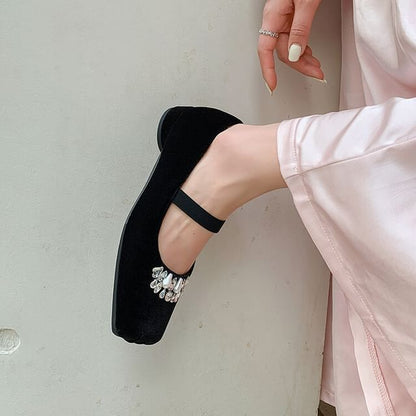 Low Heel Square Toe Rhinestone Velvet Pumps
