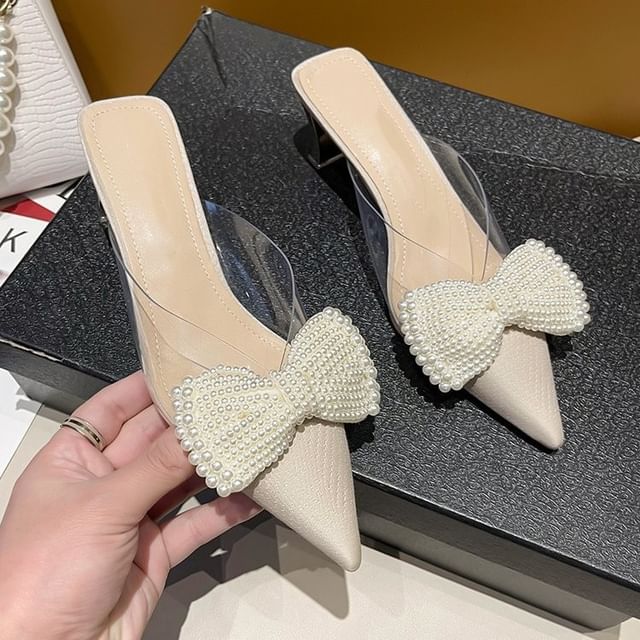 Spool Heel Beaded Bow Transparent Strap Mules