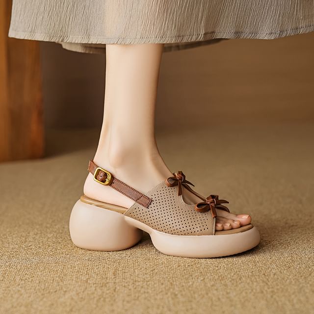 Faux Leather Ribbon Accent Platform Sandals