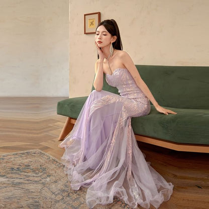 Sequin Patterned Panel Mesh Mermaid Tube Evening Gown