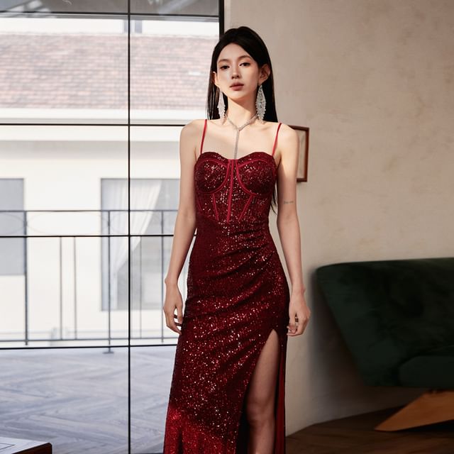 Spaghetti Strap Plain Sequin Panel Slit Sheath Evening Gown