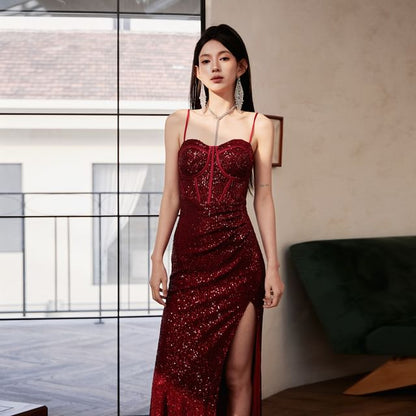 Spaghetti Strap Plain Sequin Panel Slit Sheath Evening Gown