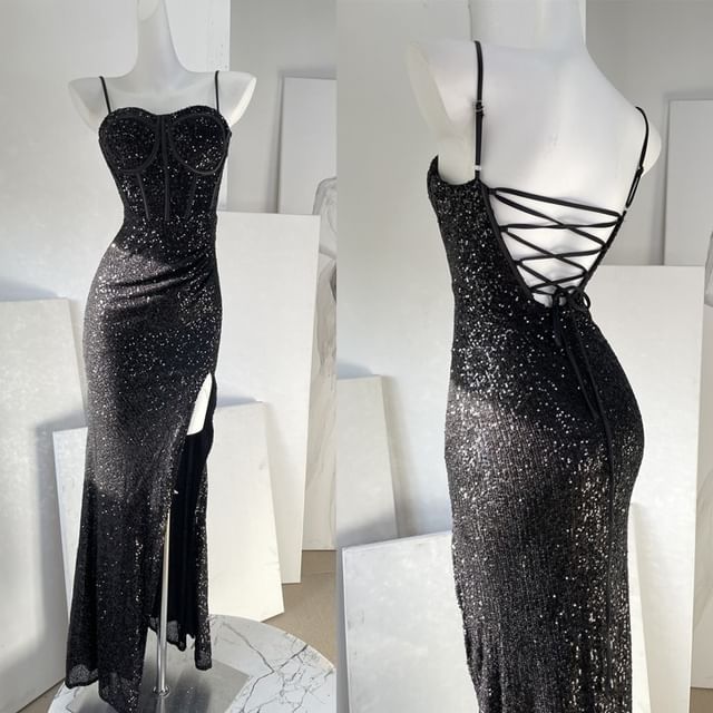 Spaghetti Strap Plain Sequin Panel Slit Sheath Evening Gown