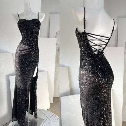 Spaghetti Strap Plain Sequin Panel Slit Sheath Evening Gown