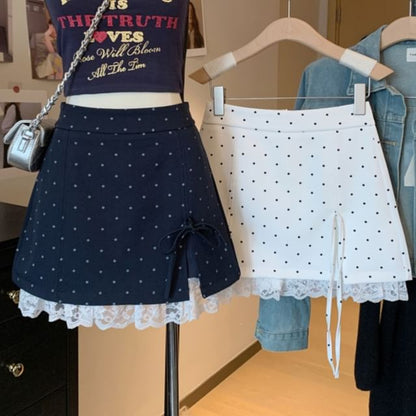 High Waist Lace Panel Bow Accent Mini A-Line Skirt