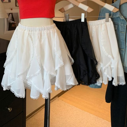 High Waist Plain Lace Trim Ruffle Mini A-Line Skirt