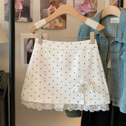 High Waist Lace Panel Bow Accent Mini A-Line Skirt