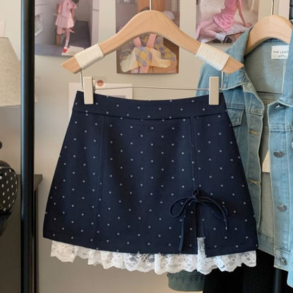 High Waist Lace Panel Bow Accent Mini A-Line Skirt