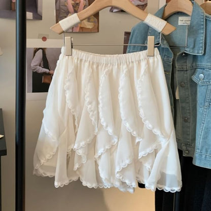 High Waist Plain Lace Trim Ruffle Mini A-Line Skirt
