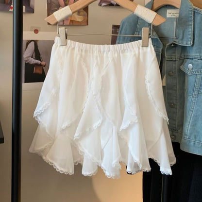 High Waist Plain Lace Trim Ruffle Mini A-Line Skirt