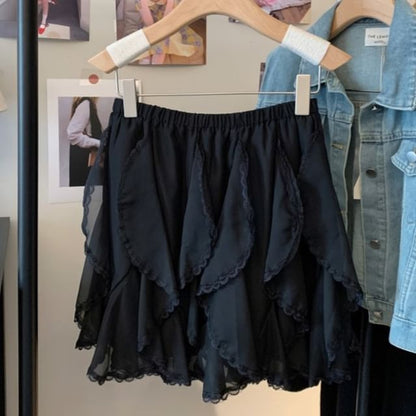 High Waist Plain Lace Trim Ruffle Mini A-Line Skirt