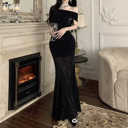 Off-Shoulder Glitter Mesh Mermaid Evening Dress
