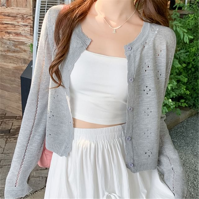 Crew Neck Perforated Button-Up Plain Crop Cardigan