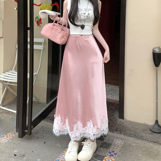 High Rise Lace Panel Satin Midi A-Line Skirt