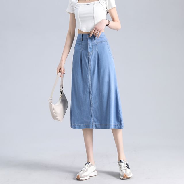 High Waist Denim Midi A-Line Skirt