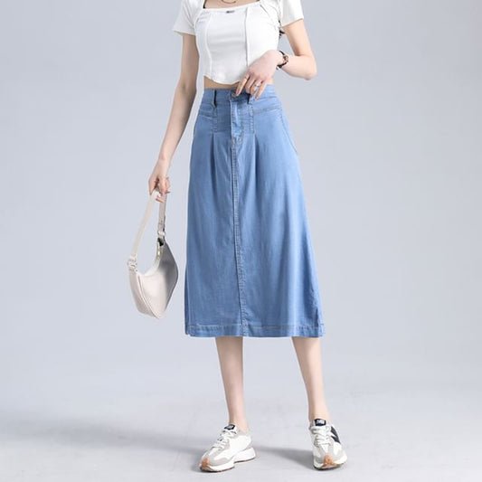 High Waist Denim Midi A-Line Skirt