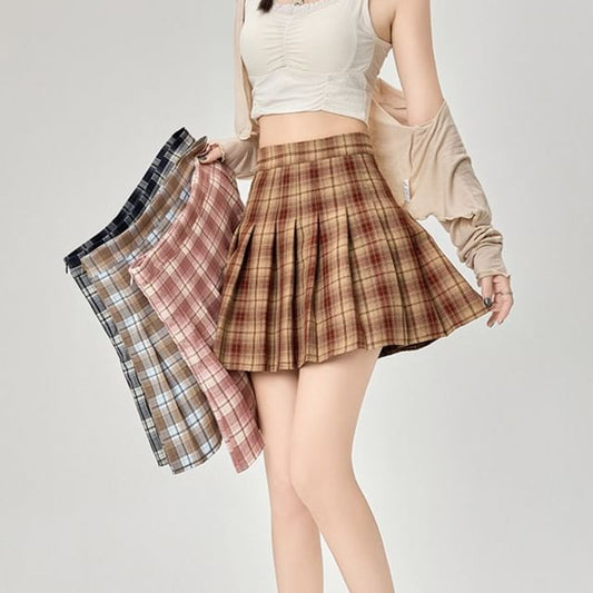 High Rise Plaid Pleated Mini A-Line Skirt