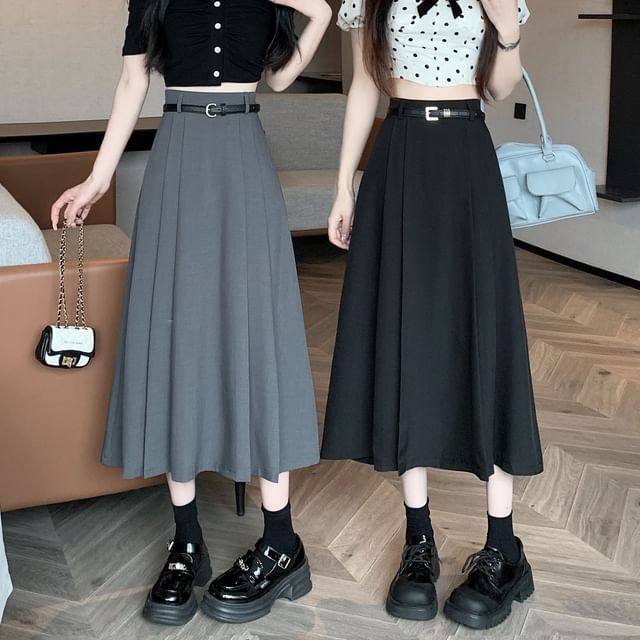 High Rise Plain Pleated Midi A-Line Skirt